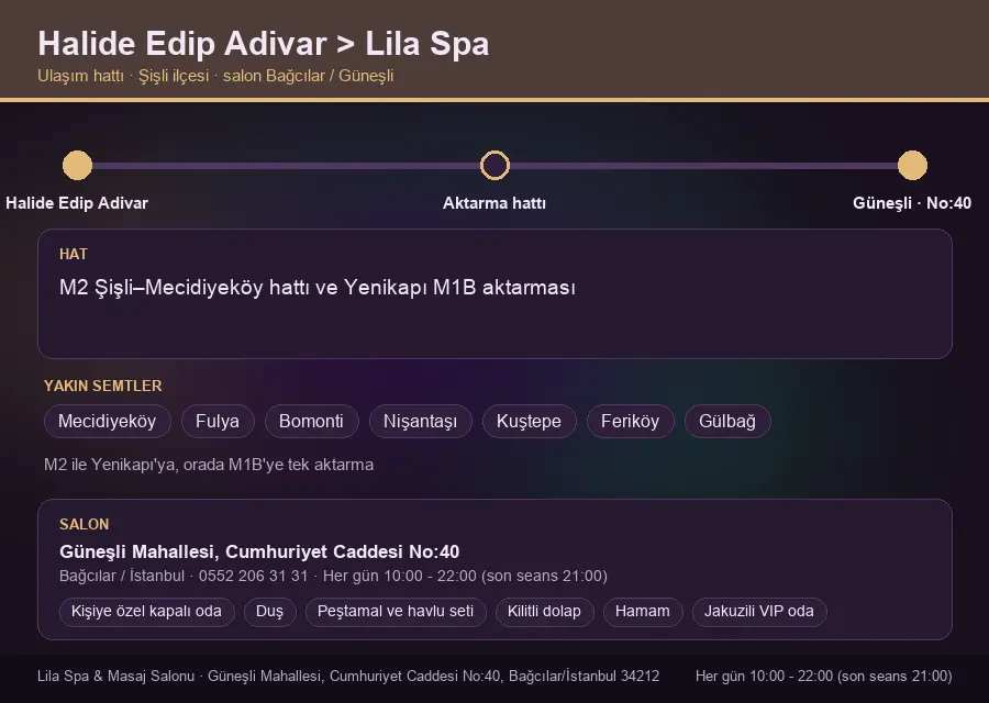 Halide Edip Adivar içinden Lila Spa'ya ulaşım hattı şeması: M2 Şişli–Mecidiyeköy hattı ve Yenikapı M1B aktarması
