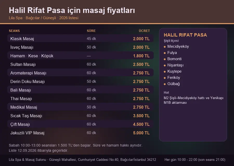 Halil Rifat Pasa sayfası için Lila Spa masaj fiyat tablosu: seans, süre ve ücret listesi