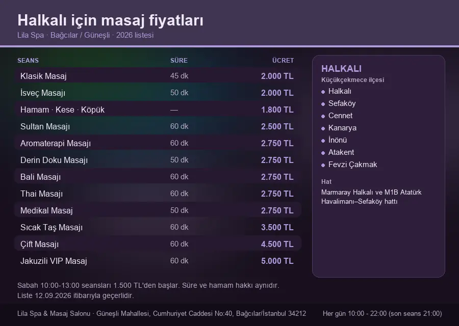 Halkalı sayfası için Lila Spa masaj fiyat tablosu: seans, süre ve ücret listesi