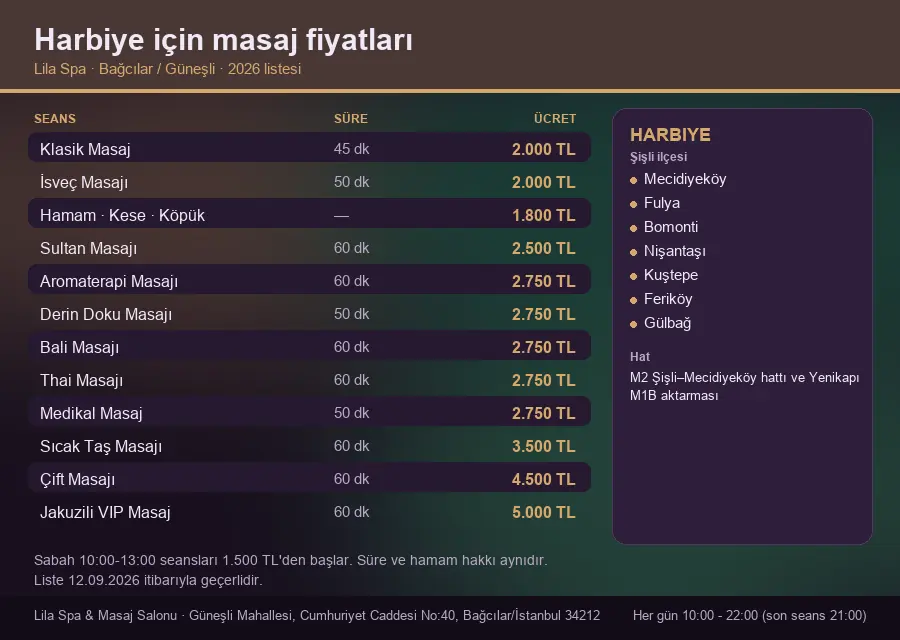 Harbiye sayfası için Lila Spa masaj fiyat tablosu: seans, süre ve ücret listesi