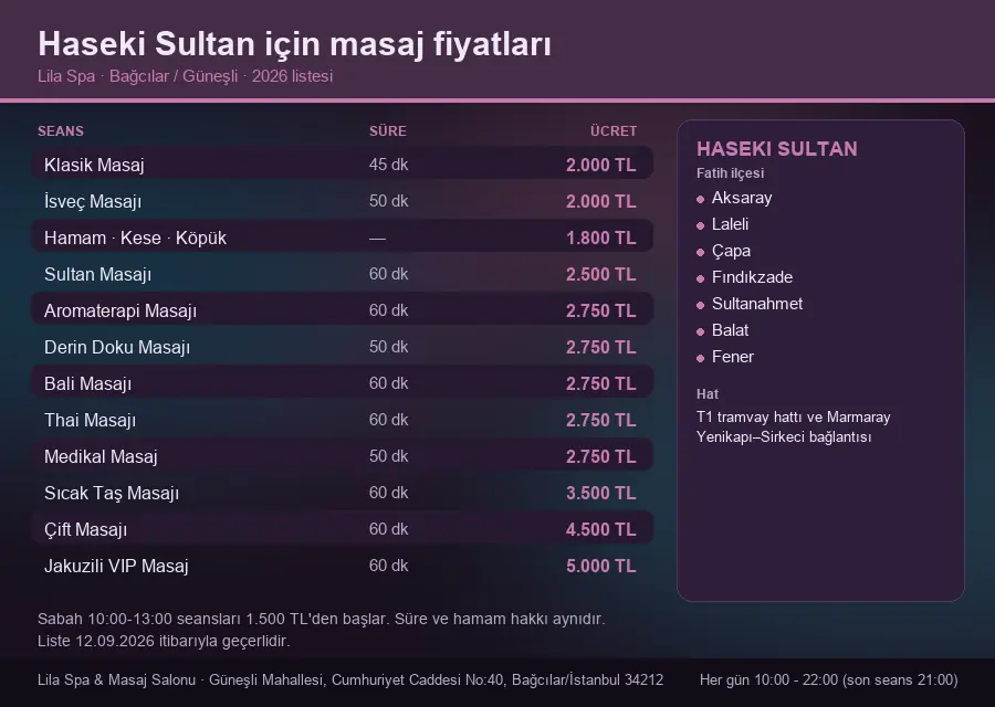 Haseki Sultan sayfası için Lila Spa masaj fiyat tablosu: seans, süre ve ücret listesi