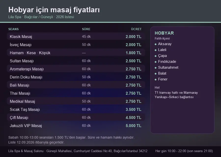 Hobyar sayfası için Lila Spa masaj fiyat tablosu: seans, süre ve ücret listesi