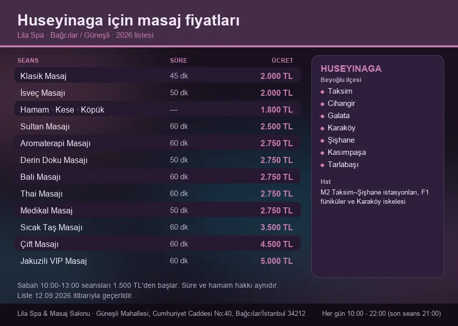 Huseyinaga sayfası için Lila Spa masaj fiyat tablosu: seans, süre ve ücret listesi