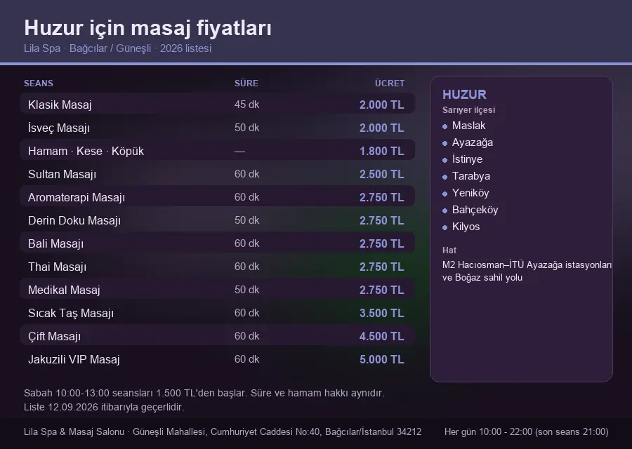 Huzur sayfası için Lila Spa masaj fiyat tablosu: seans, süre ve ücret listesi