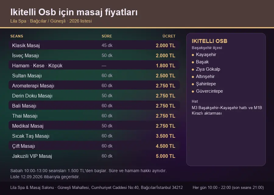 Ikitelli Osb sayfası için Lila Spa masaj fiyat tablosu: seans, süre ve ücret listesi