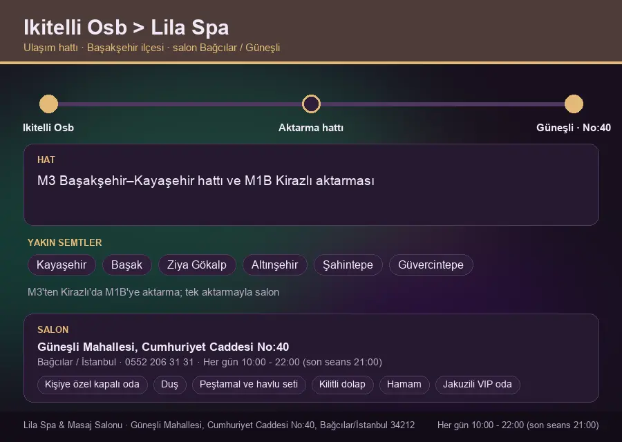 Ikitelli Osb içinden Lila Spa'ya ulaşım hattı şeması: M3 Başakşehir–Kayaşehir hattı ve M1B Kirazlı aktarması