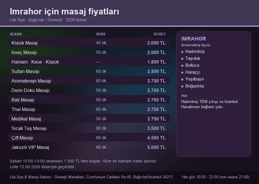 Imrahor sayfası için Lila Spa masaj fiyat tablosu: seans, süre ve ücret listesi