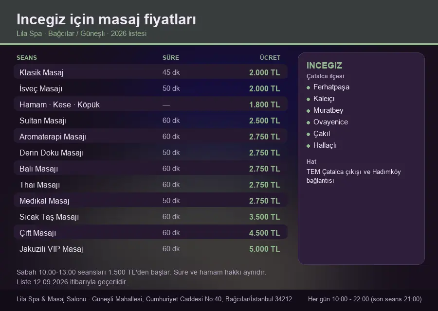 Incegiz sayfası için Lila Spa masaj fiyat tablosu: seans, süre ve ücret listesi