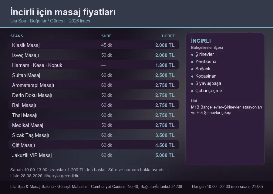 İncirli sayfası için Lila Spa masaj fiyat tablosu: seans, süre ve ücret listesi