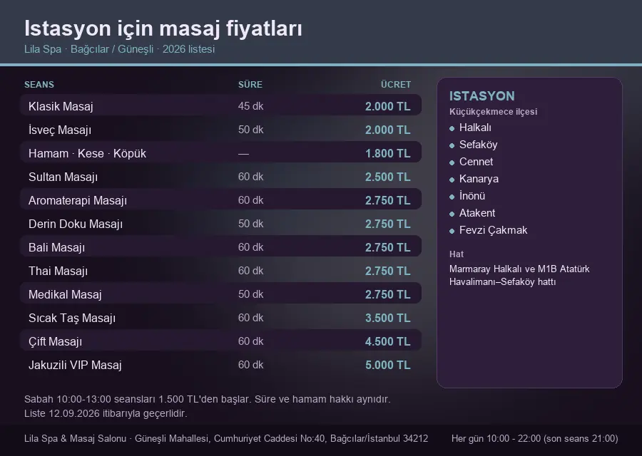 Istasyon sayfası için Lila Spa masaj fiyat tablosu: seans, süre ve ücret listesi