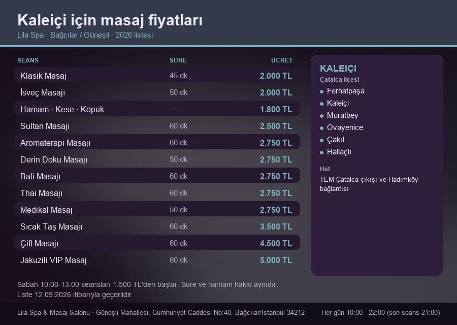 Kaleiçi sayfası için Lila Spa masaj fiyat tablosu: seans, süre ve ücret listesi