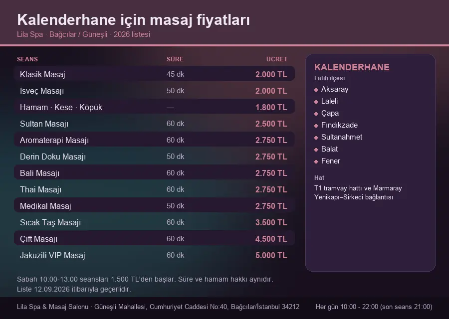 Kalenderhane sayfası için Lila Spa masaj fiyat tablosu: seans, süre ve ücret listesi