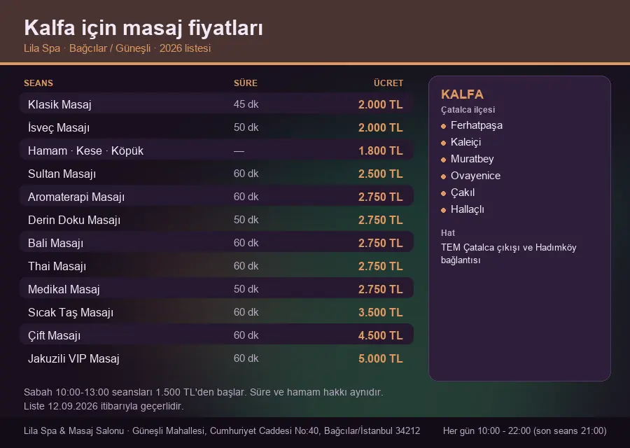 Kalfa sayfası için Lila Spa masaj fiyat tablosu: seans, süre ve ücret listesi