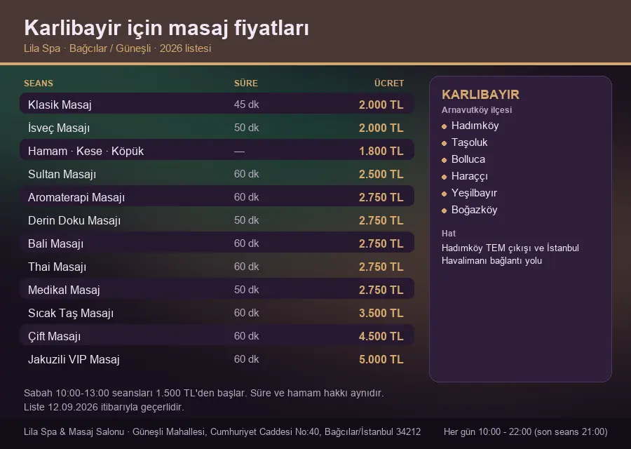Karlibayir sayfası için Lila Spa masaj fiyat tablosu: seans, süre ve ücret listesi