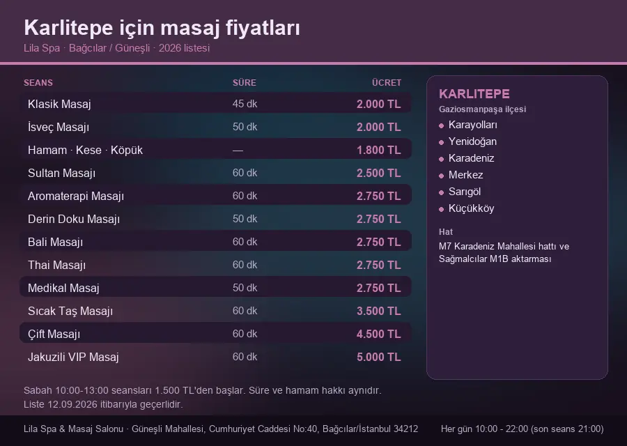 Karlitepe sayfası için Lila Spa masaj fiyat tablosu: seans, süre ve ücret listesi