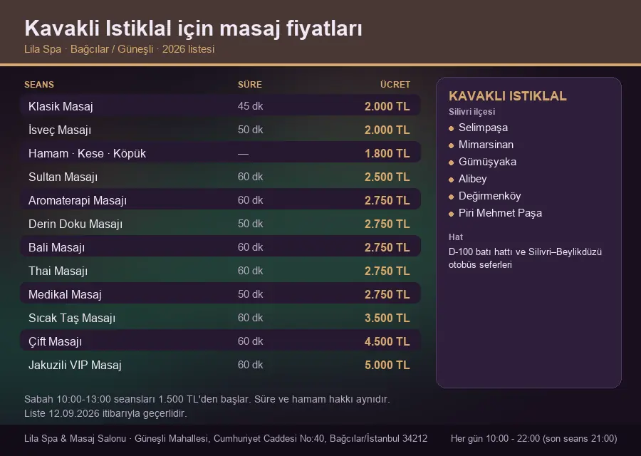 Kavakli Istiklal sayfası için Lila Spa masaj fiyat tablosu: seans, süre ve ücret listesi