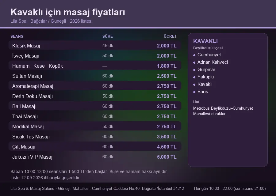 Kavaklı sayfası için Lila Spa masaj fiyat tablosu: seans, süre ve ücret listesi
