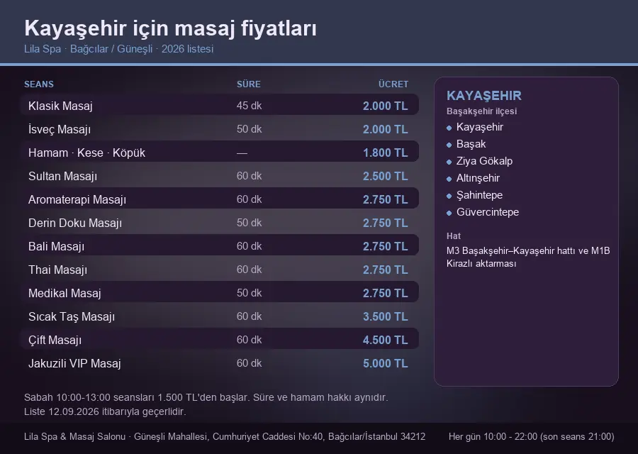 Kayaşehir sayfası için Lila Spa masaj fiyat tablosu: seans, süre ve ücret listesi