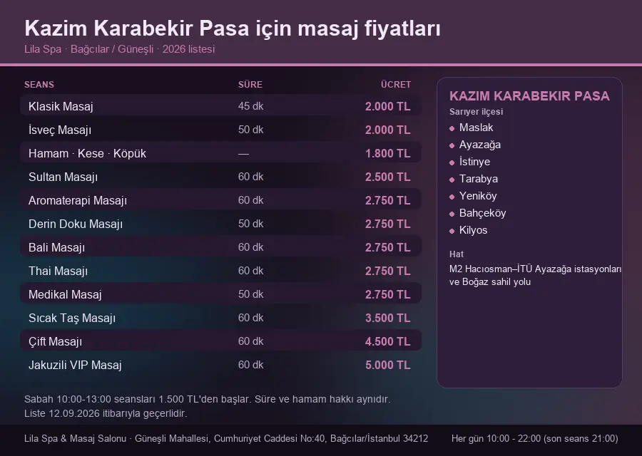 Kazim Karabekir Pasa sayfası için Lila Spa masaj fiyat tablosu: seans, süre ve ücret listesi