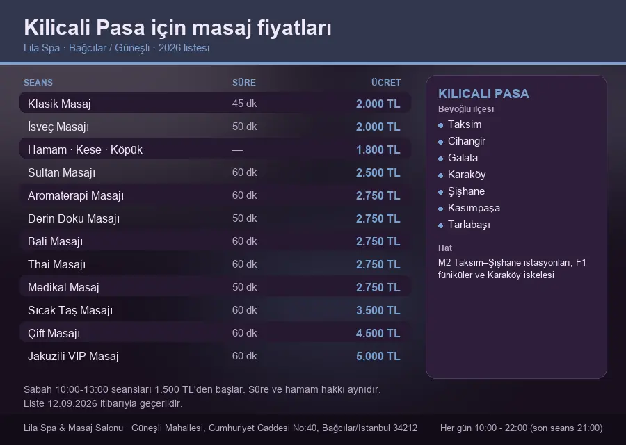 Kilicali Pasa sayfası için Lila Spa masaj fiyat tablosu: seans, süre ve ücret listesi