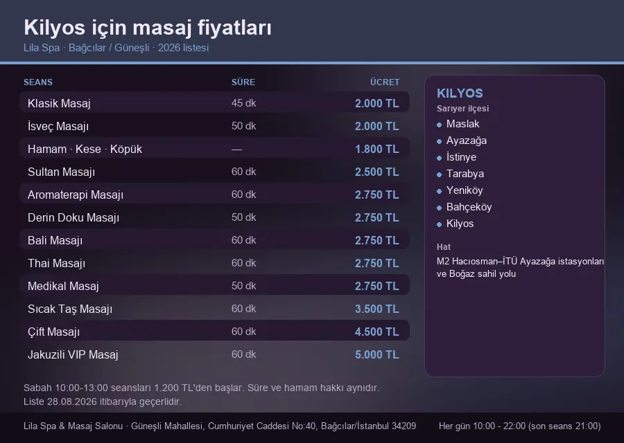 Kilyos sayfası için Lila Spa masaj fiyat tablosu: seans, süre ve ücret listesi