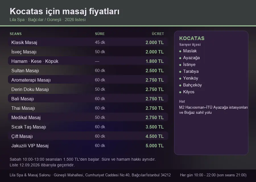 Kocatas sayfası için Lila Spa masaj fiyat tablosu: seans, süre ve ücret listesi