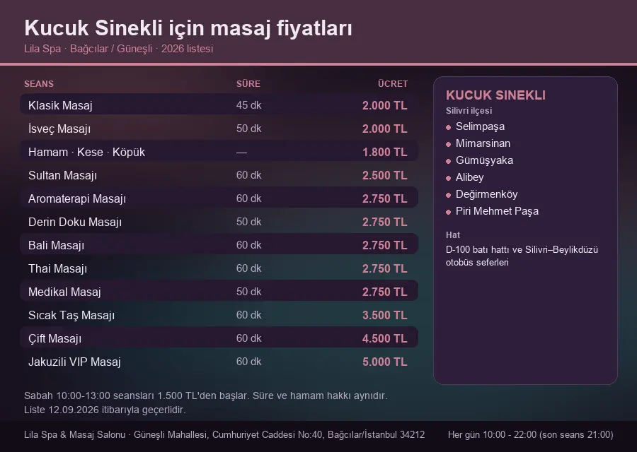 Kucuk Sinekli sayfası için Lila Spa masaj fiyat tablosu: seans, süre ve ücret listesi