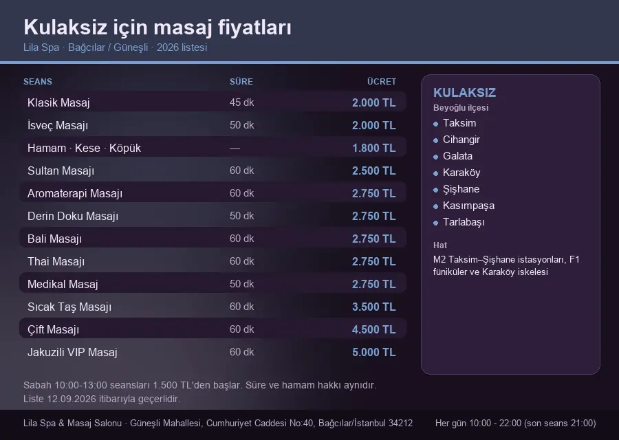Kulaksiz sayfası için Lila Spa masaj fiyat tablosu: seans, süre ve ücret listesi