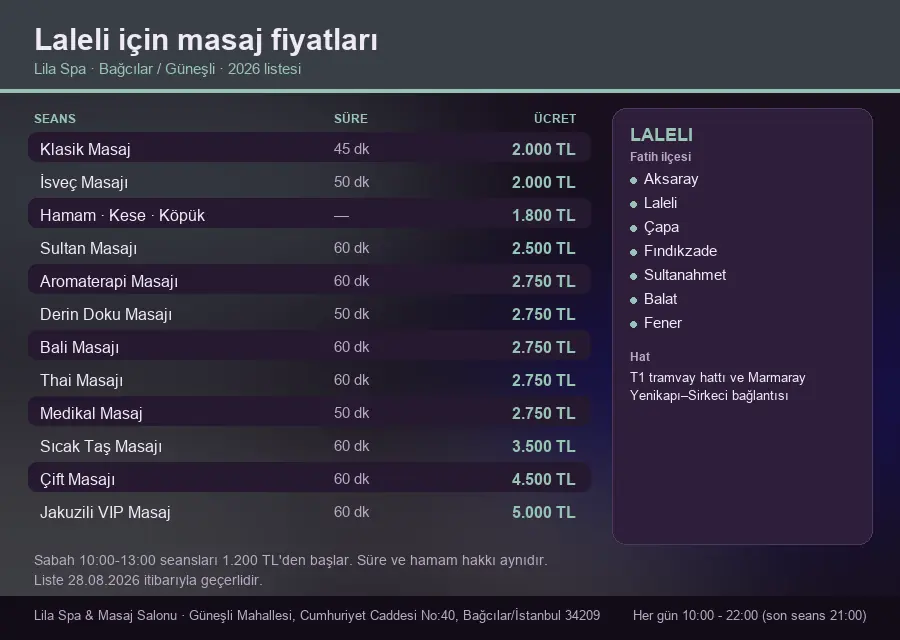 Laleli sayfası için Lila Spa masaj fiyat tablosu: seans, süre ve ücret listesi