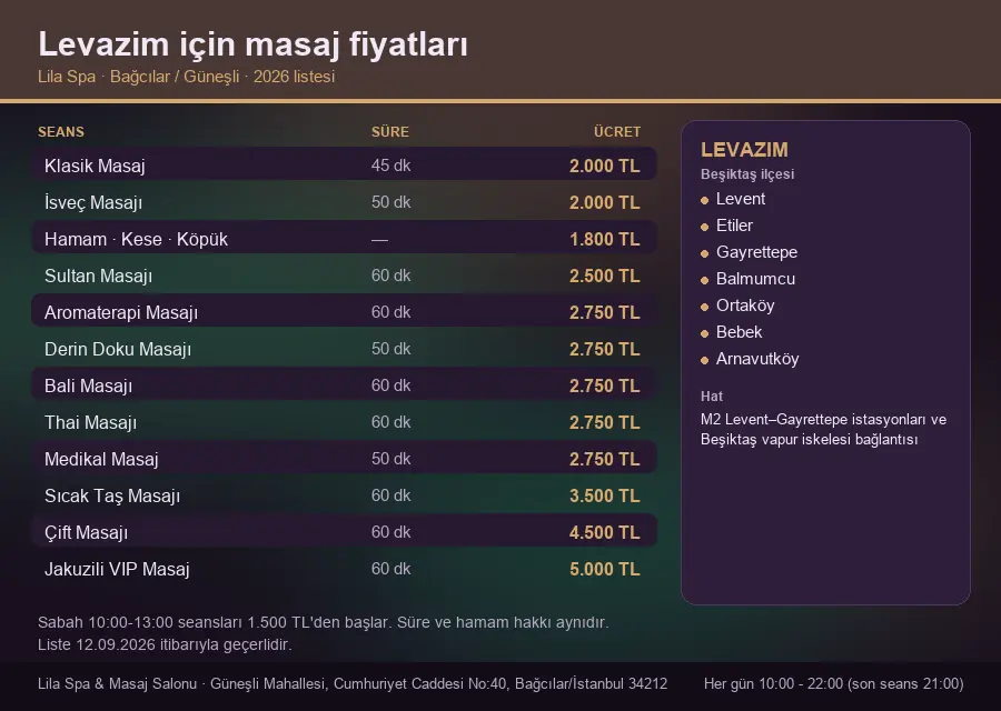 Levazim sayfası için Lila Spa masaj fiyat tablosu: seans, süre ve ücret listesi