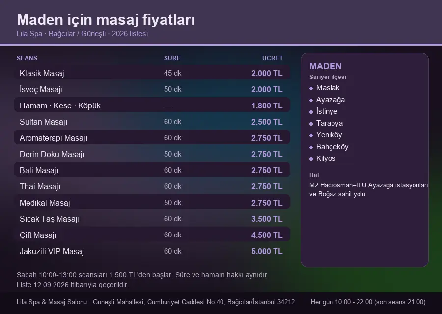 Maden sayfası için Lila Spa masaj fiyat tablosu: seans, süre ve ücret listesi
