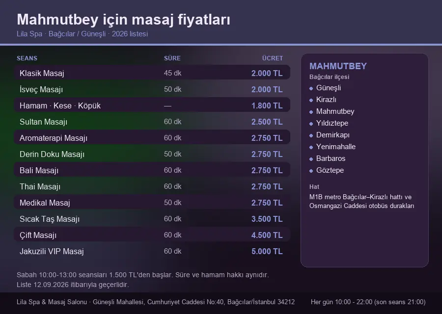Mahmutbey sayfası için Lila Spa masaj fiyat tablosu: seans, süre ve ücret listesi