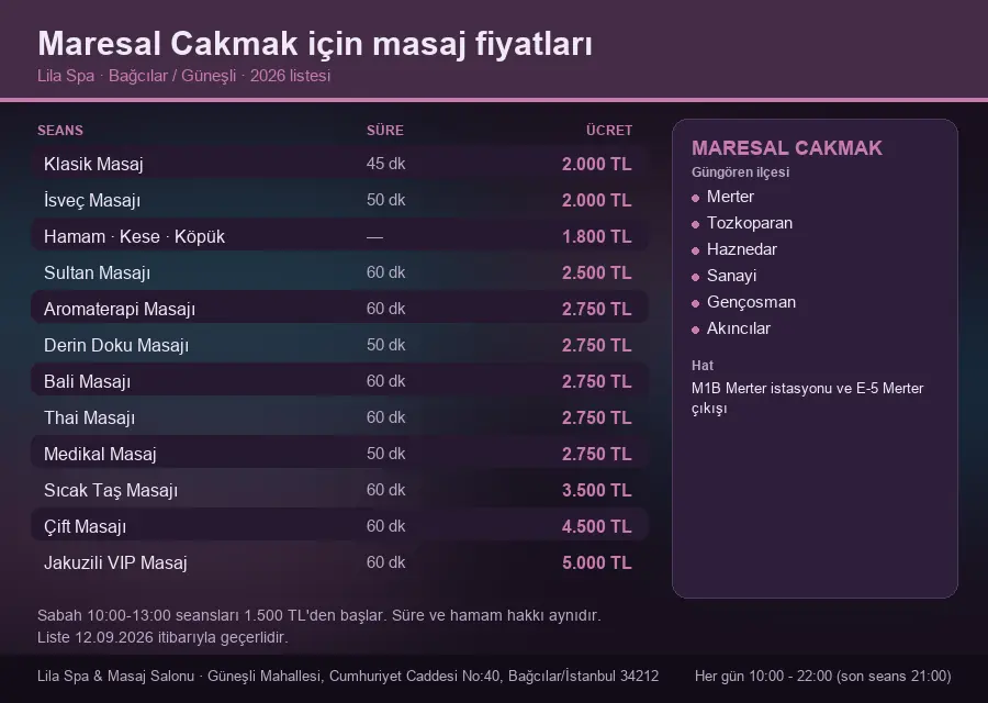 Maresal Cakmak sayfası için Lila Spa masaj fiyat tablosu: seans, süre ve ücret listesi