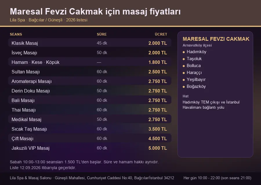 Maresal Fevzi Cakmak sayfası için Lila Spa masaj fiyat tablosu: seans, süre ve ücret listesi