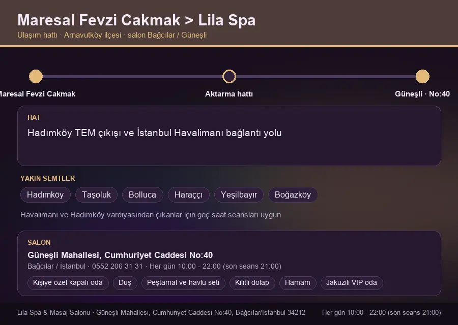 Maresal Fevzi Cakmak içinden Lila Spa'ya ulaşım hattı şeması: Hadımköy TEM çıkışı ve İstanbul Havalimanı bağlantı yolu