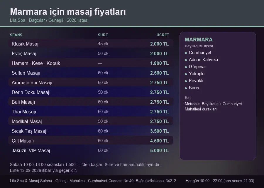 Marmara sayfası için Lila Spa masaj fiyat tablosu: seans, süre ve ücret listesi