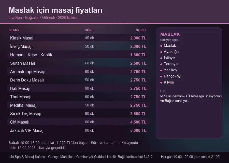 Maslak sayfası için Lila Spa masaj fiyat tablosu: seans, süre ve ücret listesi