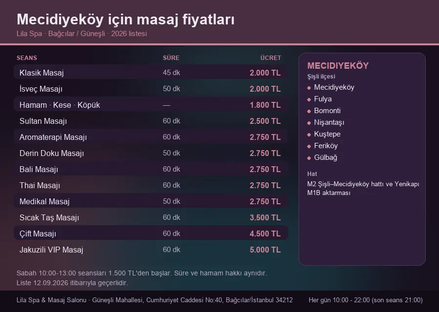 Mecidiyeköy sayfası için Lila Spa masaj fiyat tablosu: seans, süre ve ücret listesi