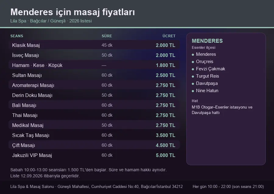 Menderes sayfası için Lila Spa masaj fiyat tablosu: seans, süre ve ücret listesi