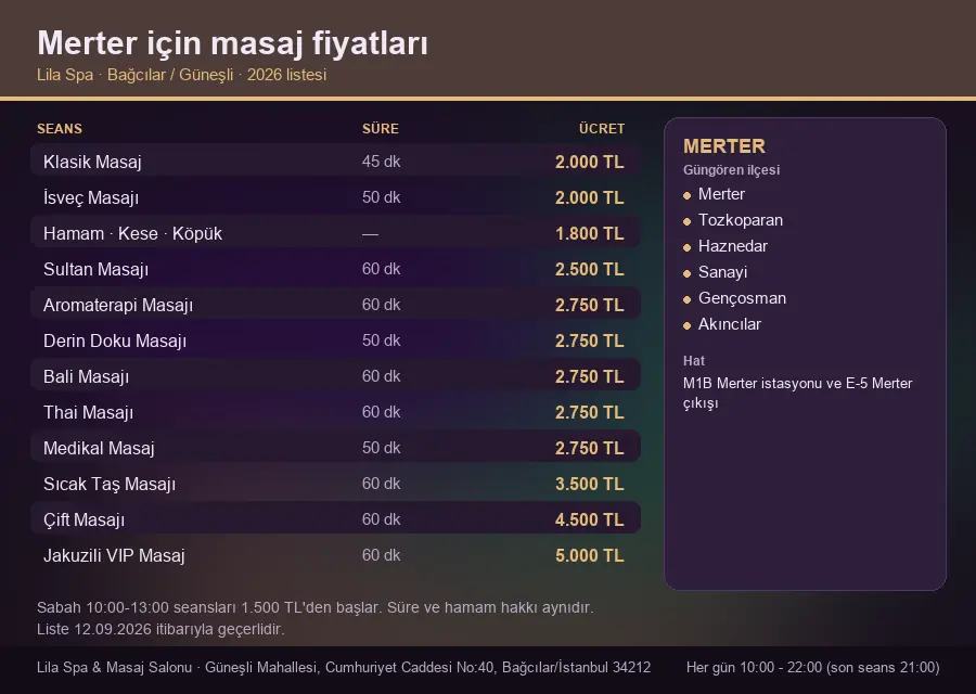 Merter sayfası için Lila Spa masaj fiyat tablosu: seans, süre ve ücret listesi