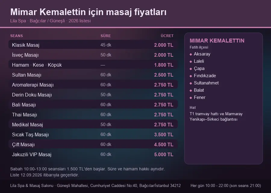 Mimar Kemalettin sayfası için Lila Spa masaj fiyat tablosu: seans, süre ve ücret listesi