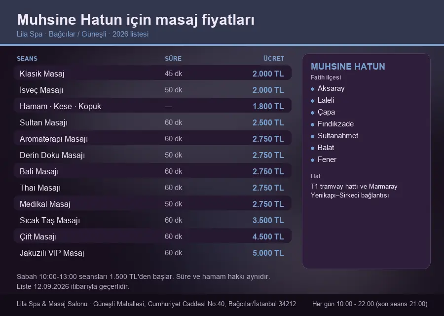 Muhsine Hatun sayfası için Lila Spa masaj fiyat tablosu: seans, süre ve ücret listesi