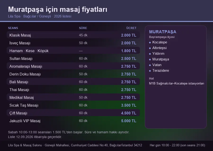 Muratpaşa sayfası için Lila Spa masaj fiyat tablosu: seans, süre ve ücret listesi