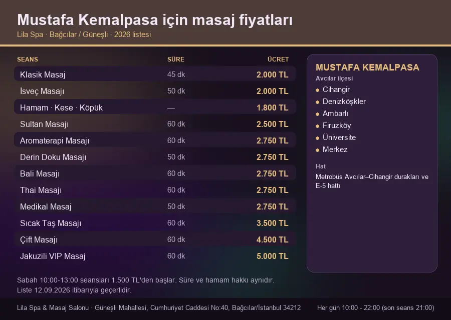 Mustafa Kemalpasa sayfası için Lila Spa masaj fiyat tablosu: seans, süre ve ücret listesi