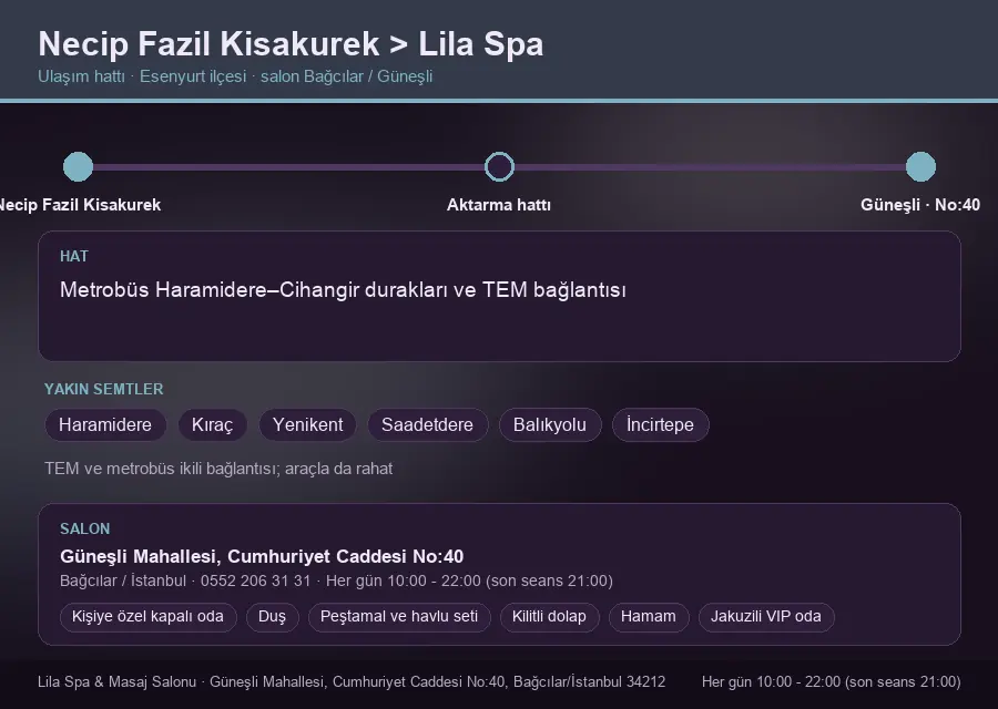 Necip Fazil Kisakurek içinden Lila Spa'ya ulaşım hattı şeması: Metrobüs Haramidere–Cihangir durakları ve TEM bağlantısı