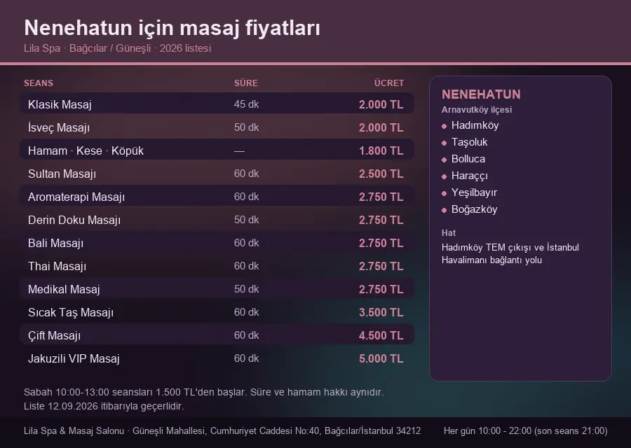 Nenehatun sayfası için Lila Spa masaj fiyat tablosu: seans, süre ve ücret listesi
