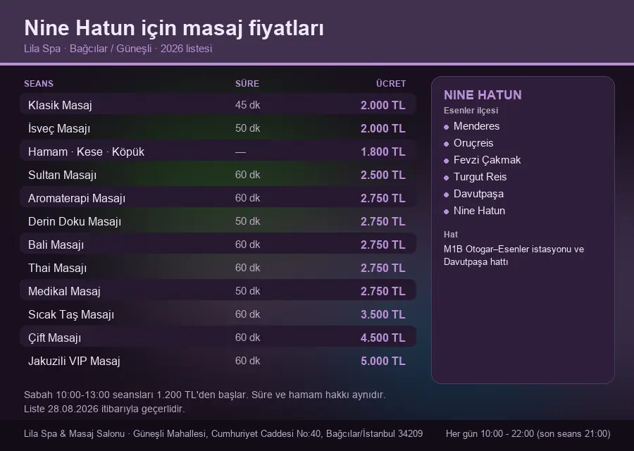 Nine Hatun sayfası için Lila Spa masaj fiyat tablosu: seans, süre ve ücret listesi