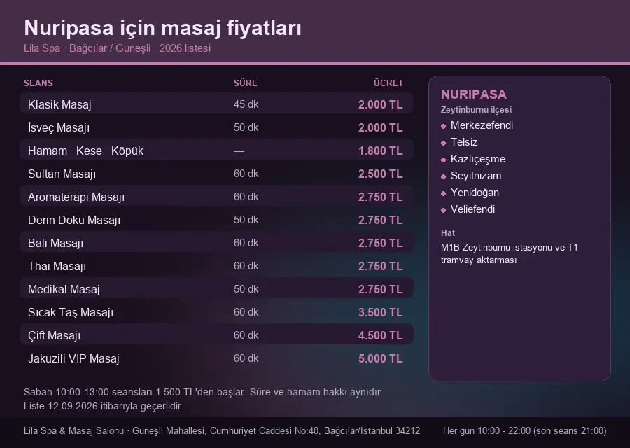 Nuripasa sayfası için Lila Spa masaj fiyat tablosu: seans, süre ve ücret listesi
