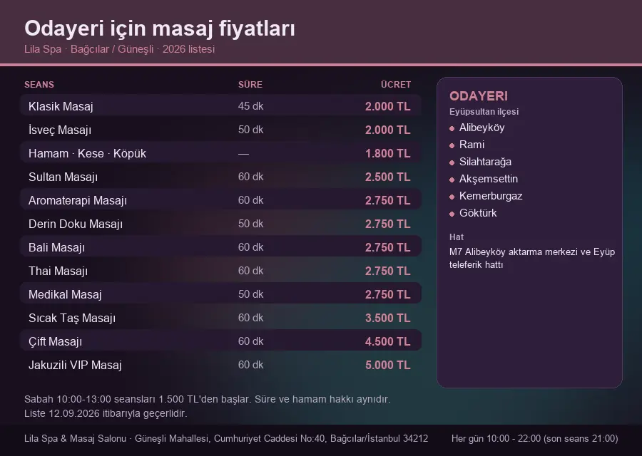 Odayeri sayfası için Lila Spa masaj fiyat tablosu: seans, süre ve ücret listesi