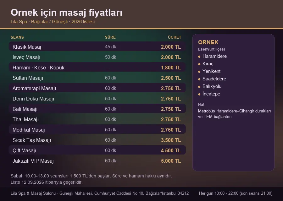 Ornek sayfası için Lila Spa masaj fiyat tablosu: seans, süre ve ücret listesi
